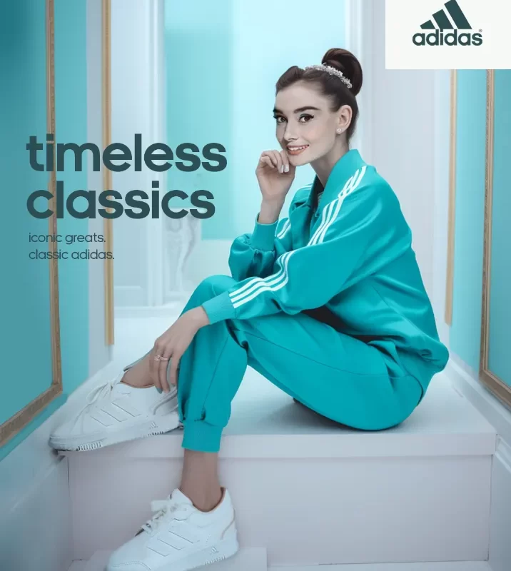 Adidas 'Timeless Classics' AI-generated concept poster imagining Audrey Hepburn in a teal Adidas tracksuit with the Adidas logo and tagline