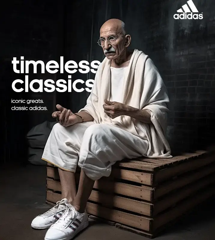 Adidas 'Timeless Classics' AI-generated concept poster imagining Mahatma Gandhi in an Adidas tracksuit seated on steps with the Adidas logo