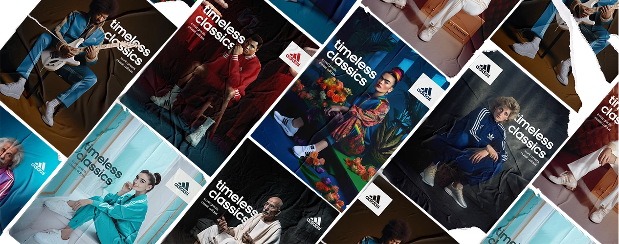 Adidas 'Timeless Classics' speculative concept campaign overview showing multiple AI-generated poster designs with historical figures in Adidas sportswear