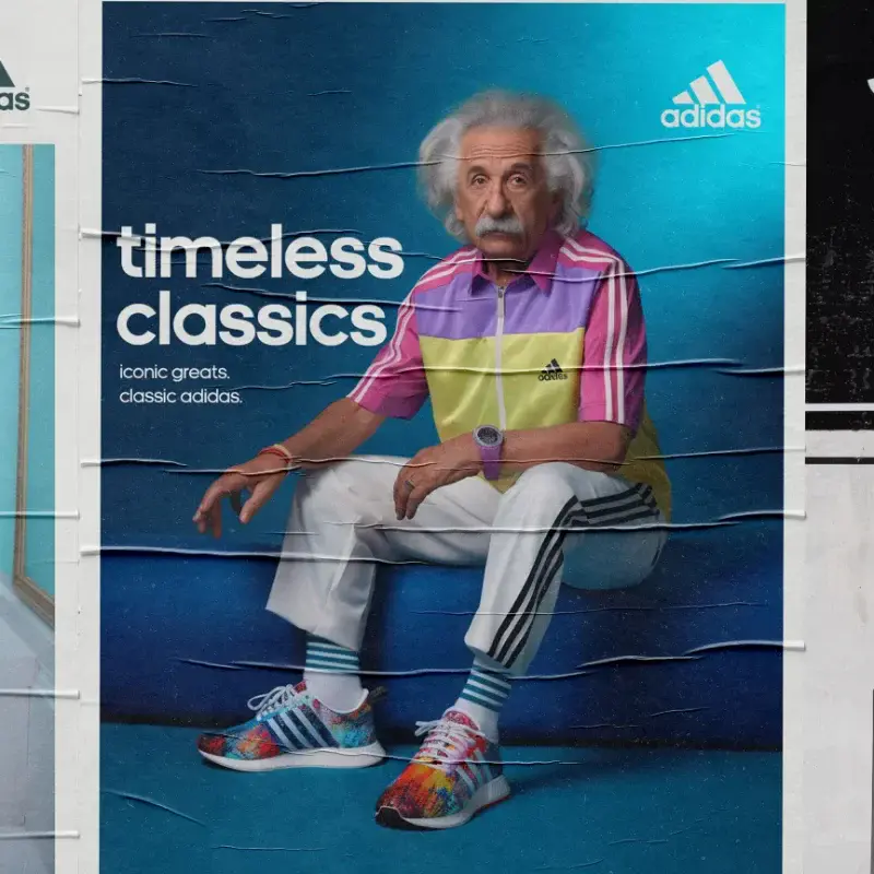Adidas 'Timeless Classics' AI-generated concept poster imagining Albert Einstein in a blue Adidas tracksuit with the Adidas logo and tagline