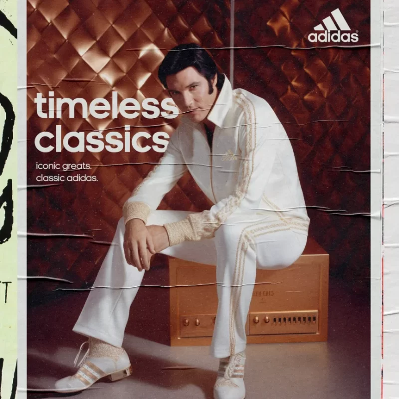 Adidas 'Timeless Classics' AI-generated concept poster imagining Elvis Presley in a white Adidas tracksuit with the Adidas logo and tagline