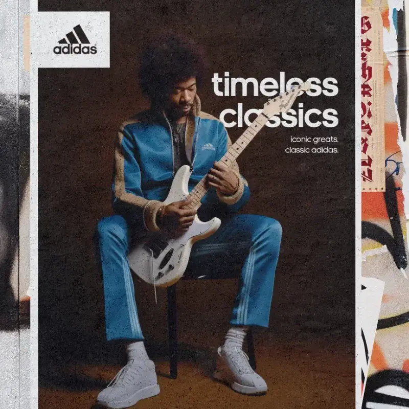 Adidas 'Timeless Classics' AI-generated concept poster imagining Jimi Hendrix with a guitar in blue Adidas clothing with the Adidas logo and tagline