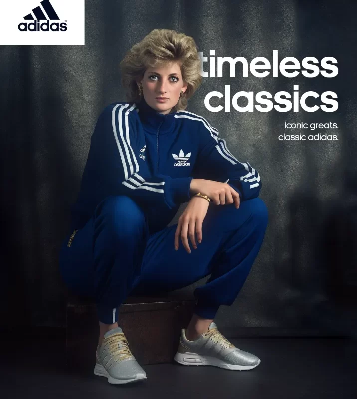 Adidas 'Timeless Classics' AI-generated concept poster imagining Princess Diana in a red Adidas tracksuit with the Adidas logo and tagline