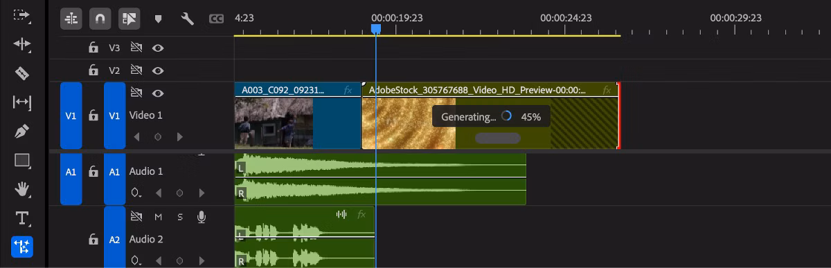 Adobe Premiere Pro timeline screenshot showing generative extend AI video tool with coloured timeline tracks