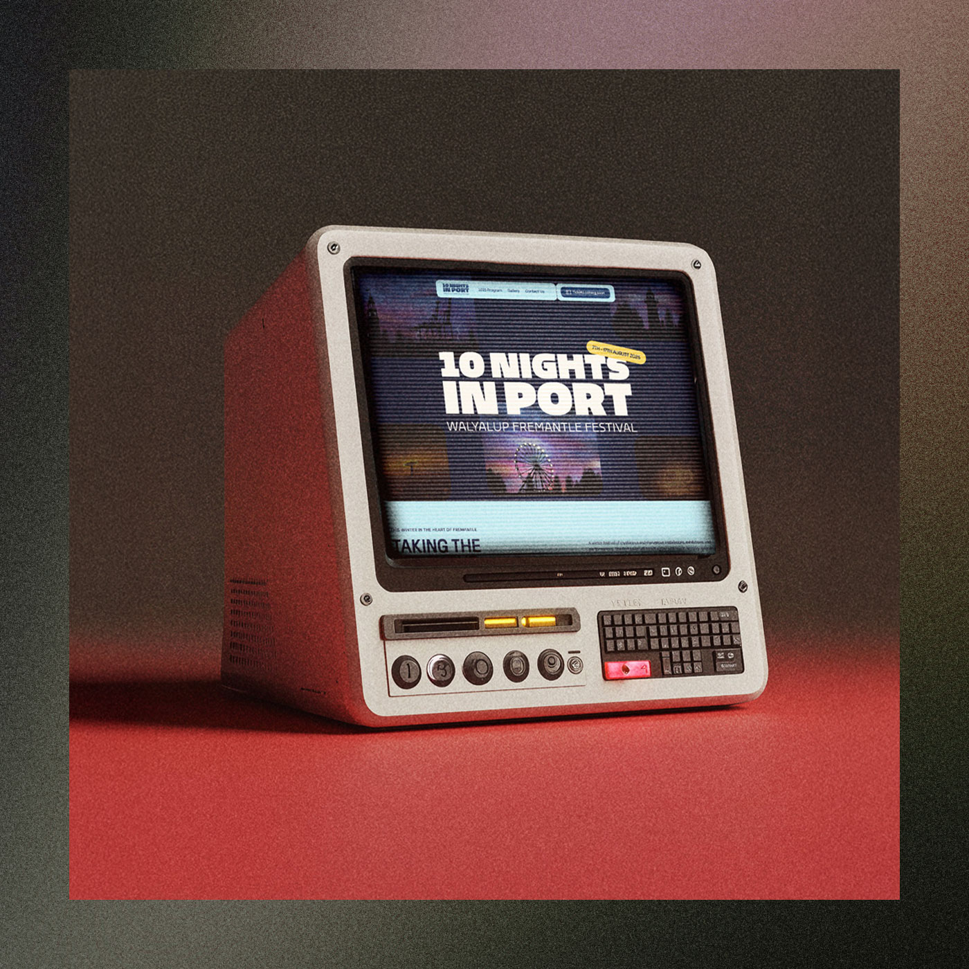 Retro cassette player or vintage device mockup on a pink background showing 10 Nights in Port branding — square format web development image