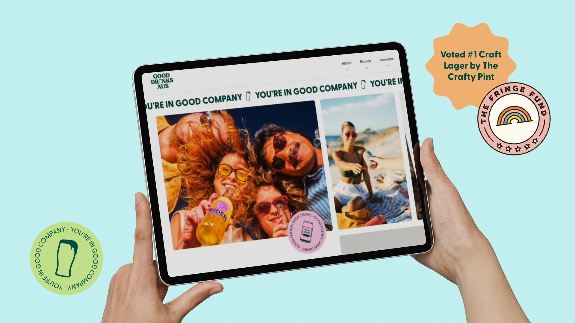 iPad showing a social community app with a group photo and colourful interface