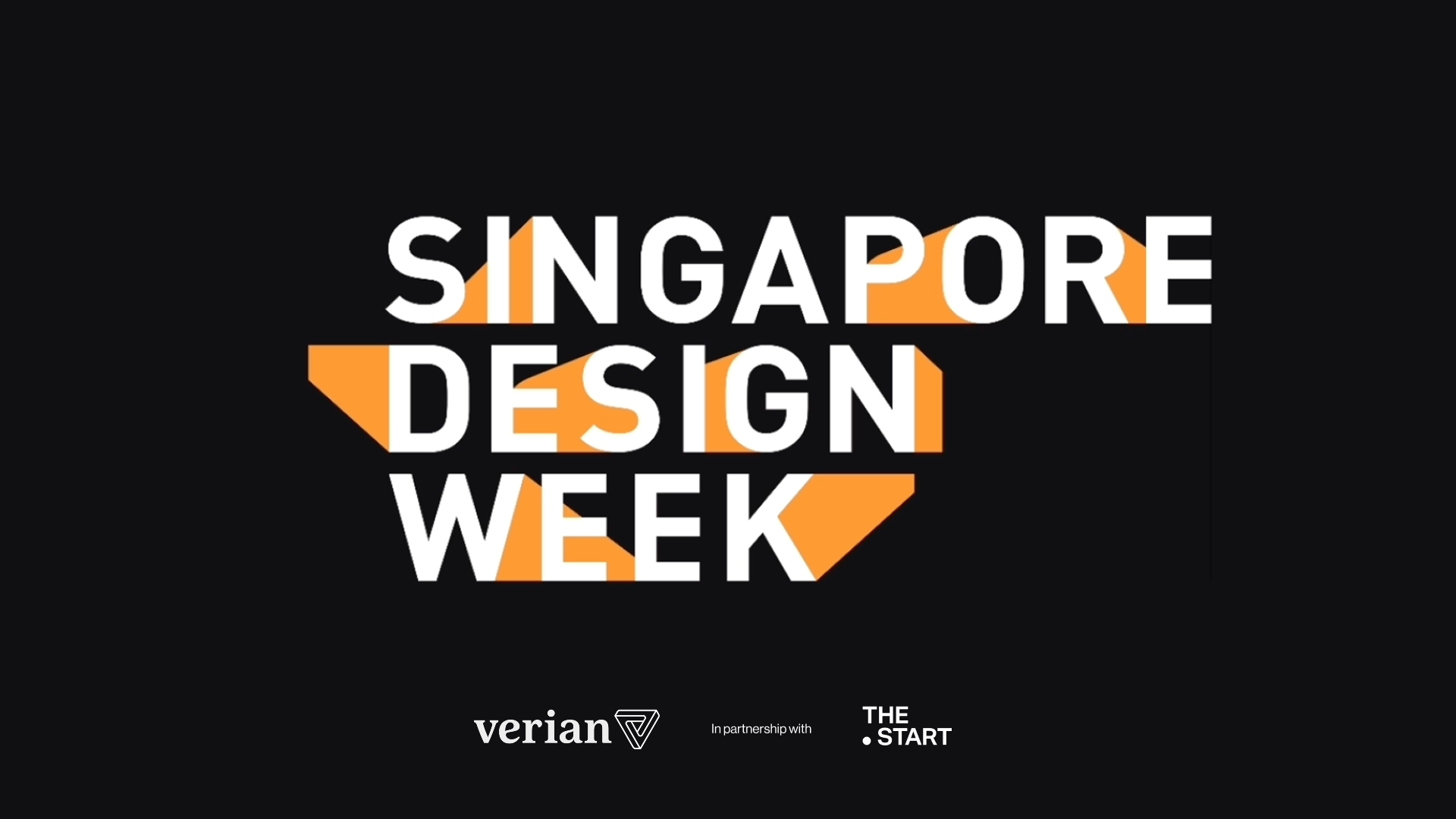 Singapore Design Week event graphic with bold orange and white typography and sponsor logos