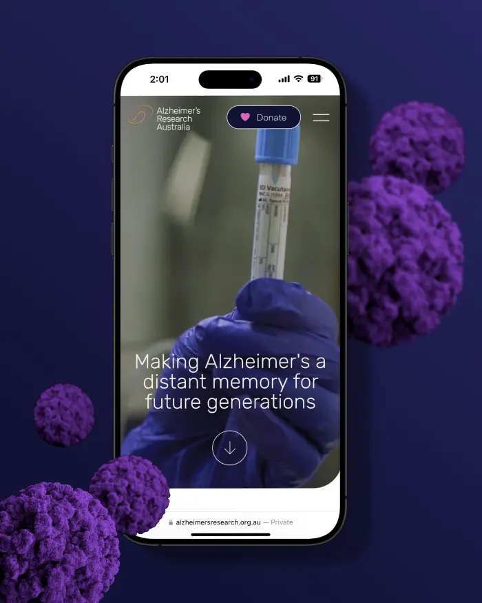 Alzheimer's Research Australia app interface mockup on smartphone showing purple-toned digital design