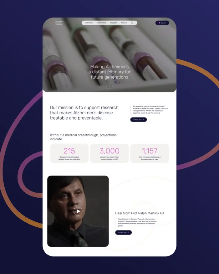 Alzheimer's Research Australia website design mockup displayed on a mobile phone screen with dark purple interface