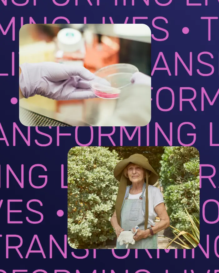 Bold typographic campaign design repeating 'Transforming Lives' in white uppercase text with a portrait partially visible behind