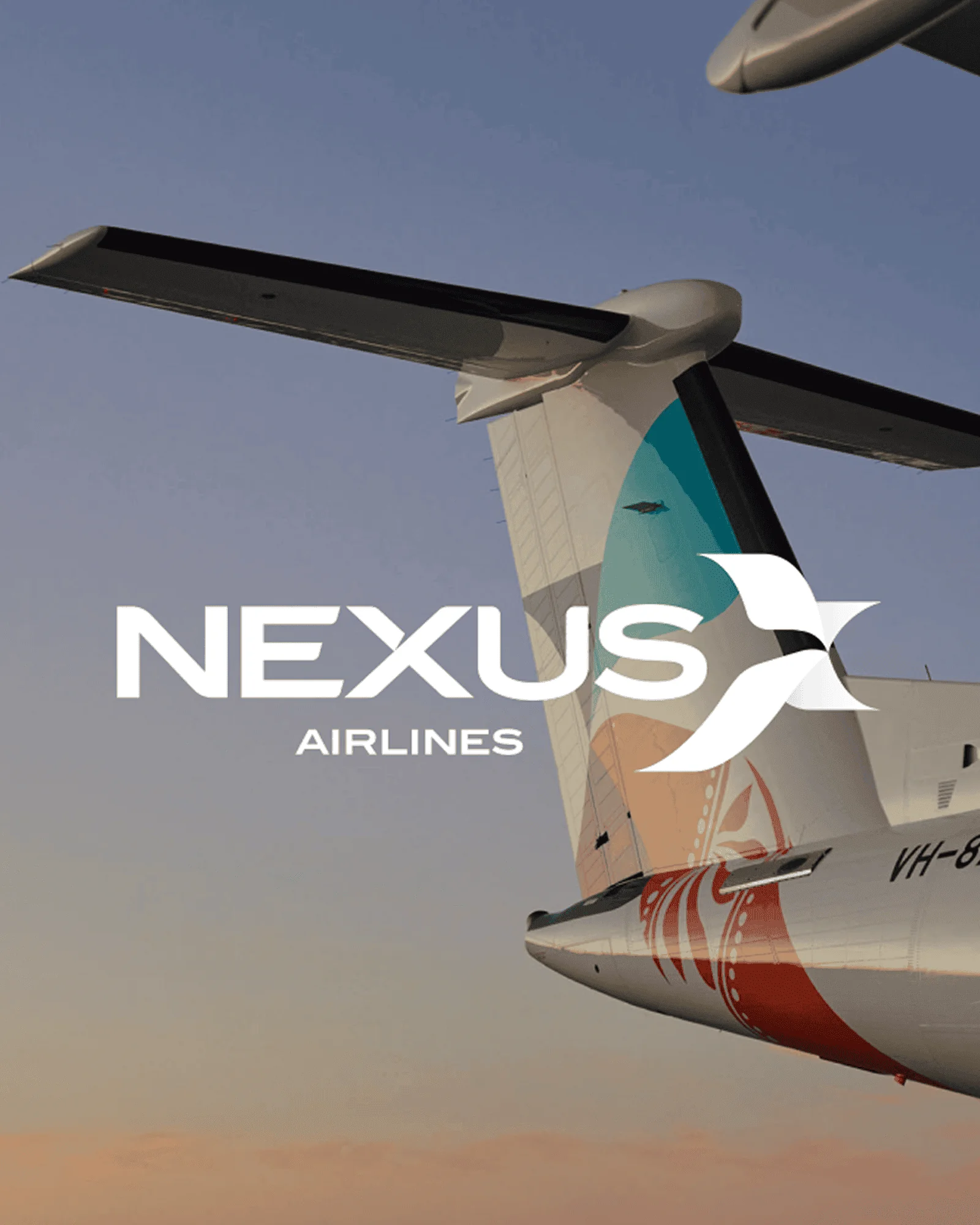Commercial passenger aircraft with Nexus Airlines livery viewed from below against a cloudy sky
