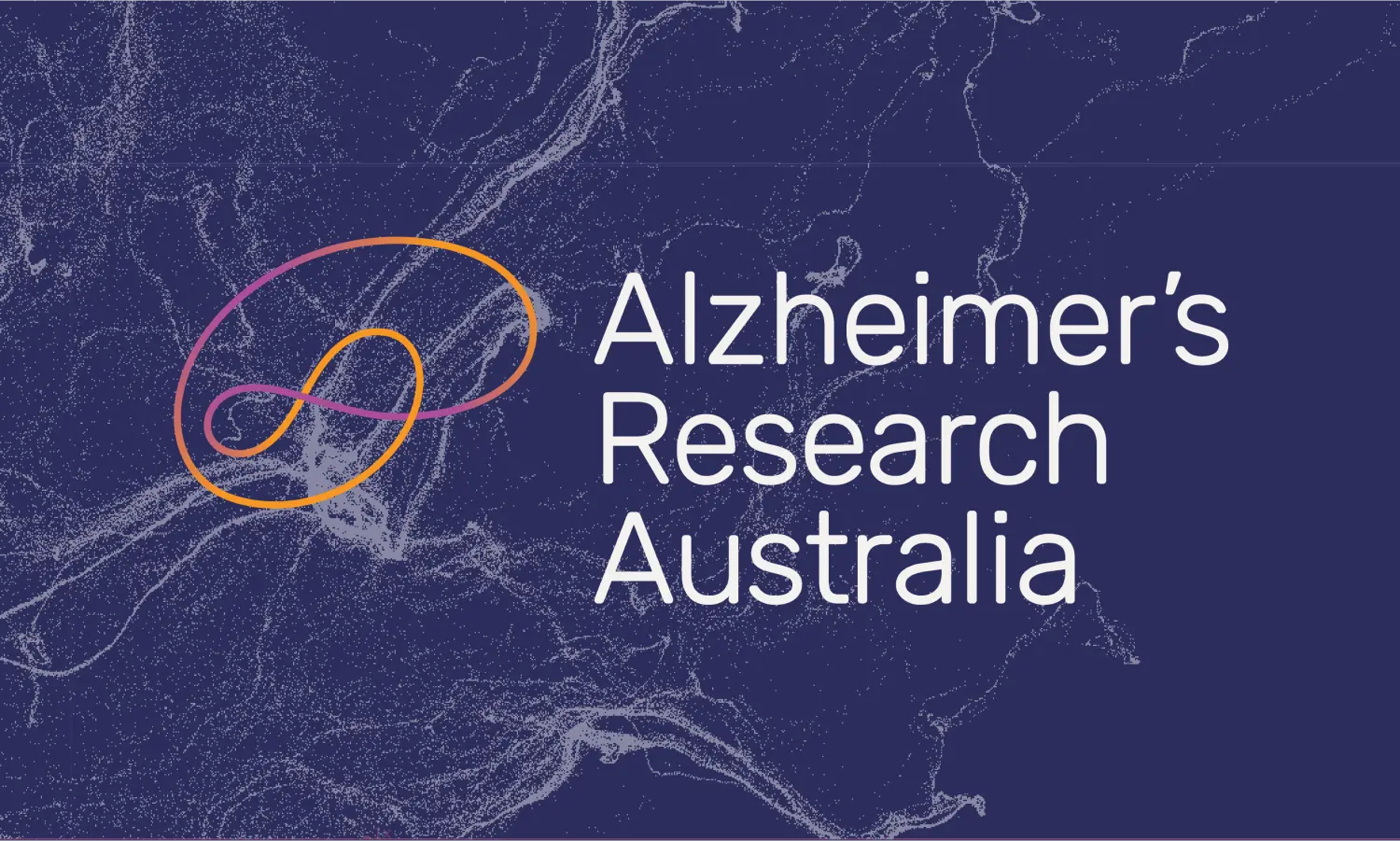 Alzheimer's Research Australia brand identity graphic with infinity loop logo and organisation name on dark navy background