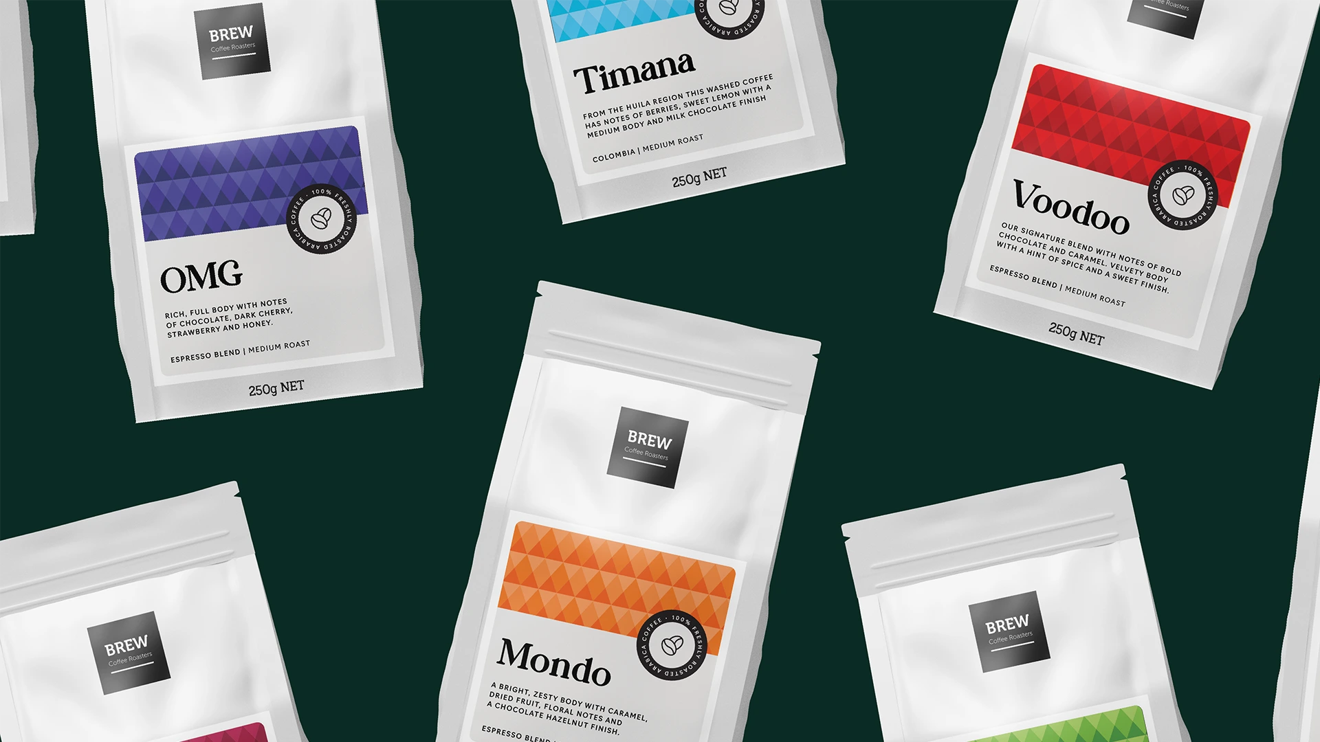 Overhead flat-lay of multiple Brew Coffee branded bags arranged on a dark green surface, showing various roast and blend names