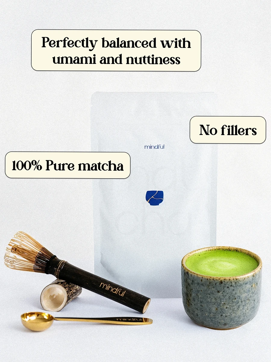 Brew Coffee product image showing a matcha latte in a glass with product description text about being perfectly balanced with no fillers