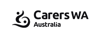 Carers WA Australia logo featuring a circular caring hands icon and the organisation name on a dark background