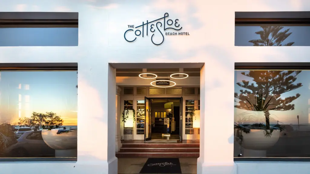 Cottesloe Beach Hotel banner showing exterior and interior photography alongside the circular Cottesloe logo badge in warm golden tones