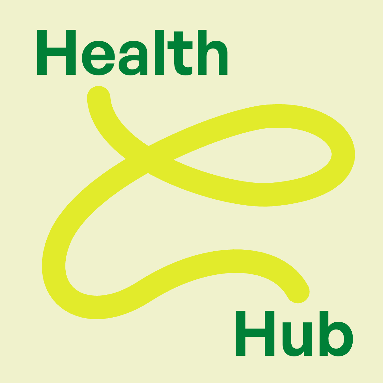 Health Hub brand logo — green wordmark with yellow swoosh graphic on cream background