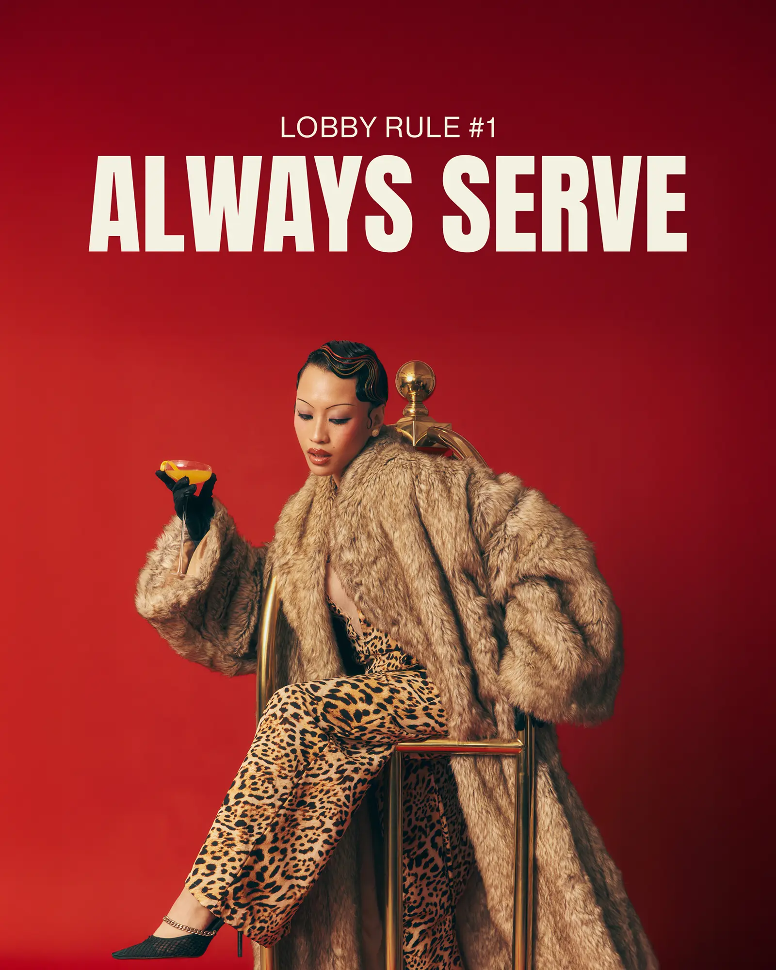 Hotel Lobby Rum — 'Lobby Rule 4: Always Serve' with man in leopard print robe on red background