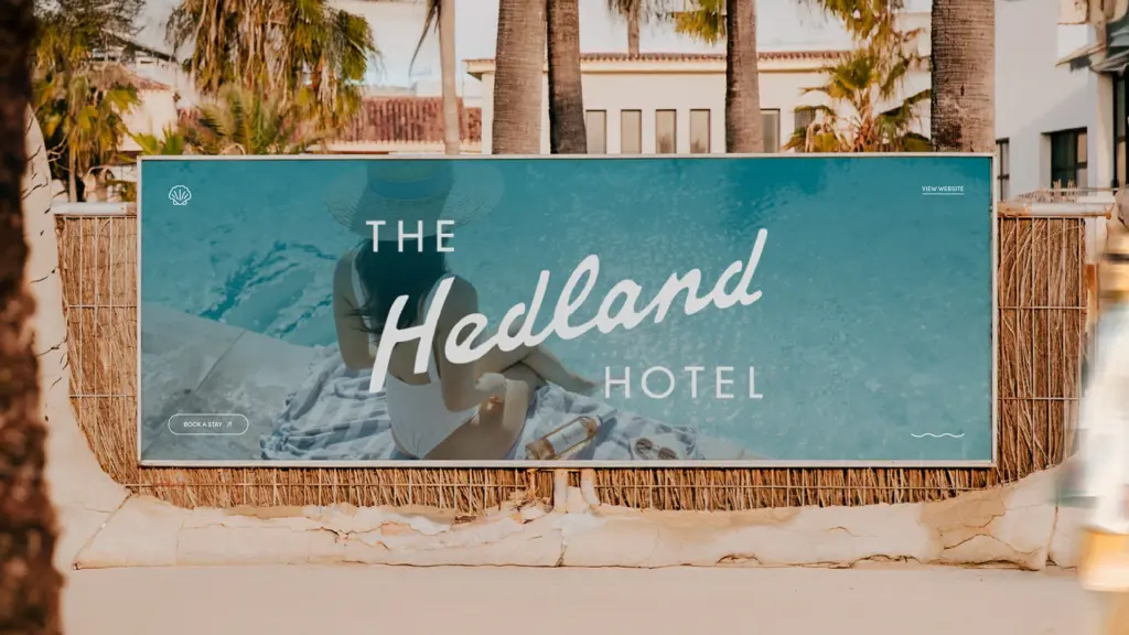 The Hedland Hotel branded banner in teal and aqua tones with the hotel name in stylised typography