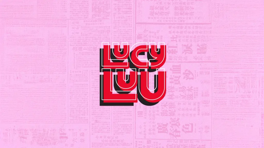 Lucy Lou brand logo in bold italic pink lettering on a bright pink background with a repeating text pattern