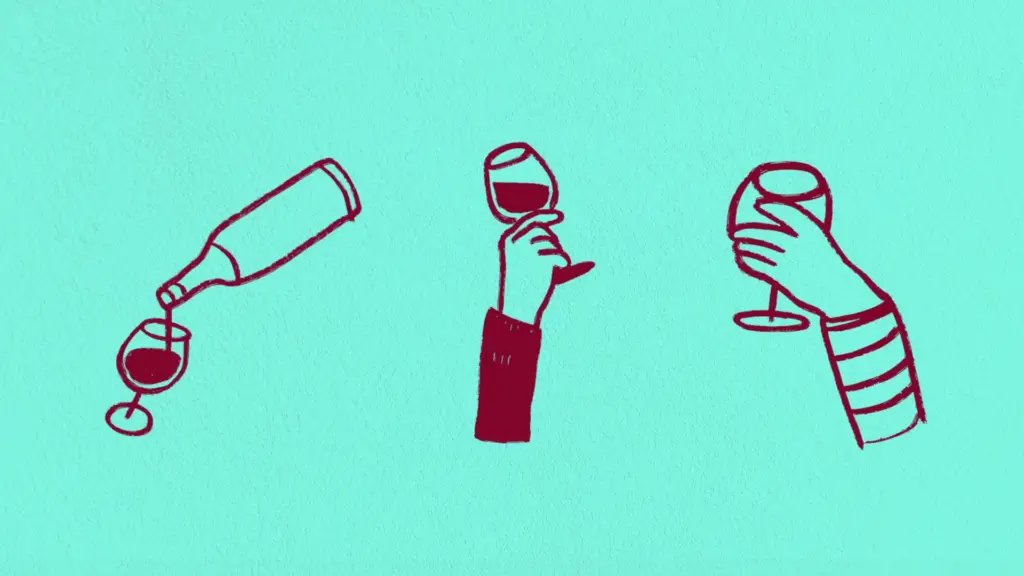 Illustrated wine glass and bottle line art in red on a mint turquoise background — Top Up Wines brand illustration