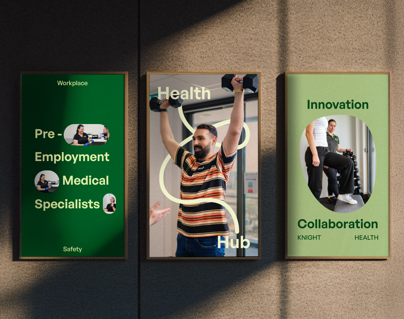 Knight Health brand overview showing multiple design assets including pre-employment medical services and Health Hub branding