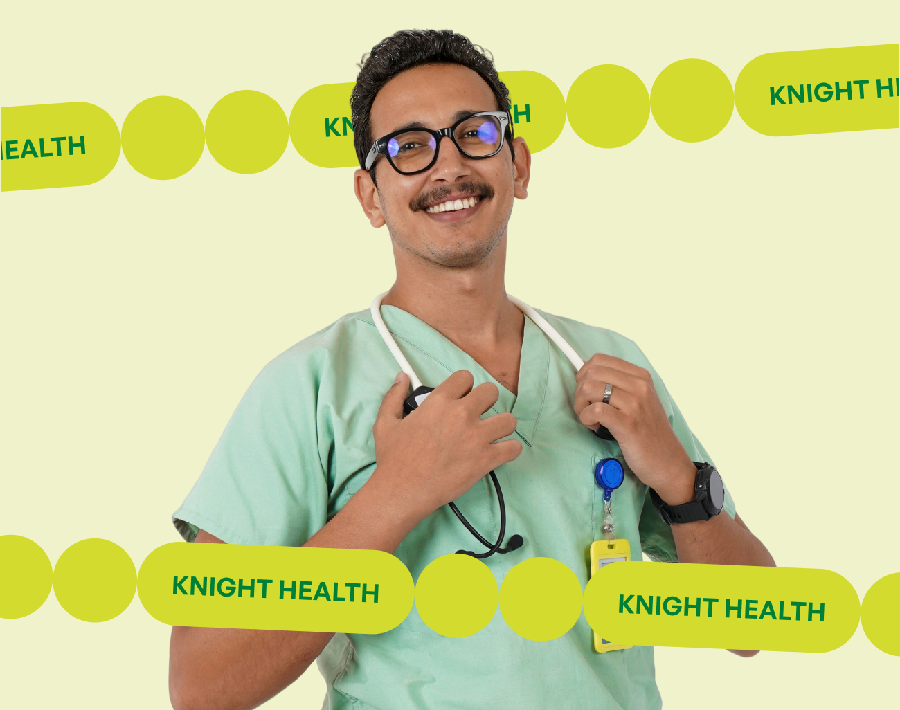 Healthcare professional in scrubs smiling and holding a tablet with Knight Health branding text pattern
