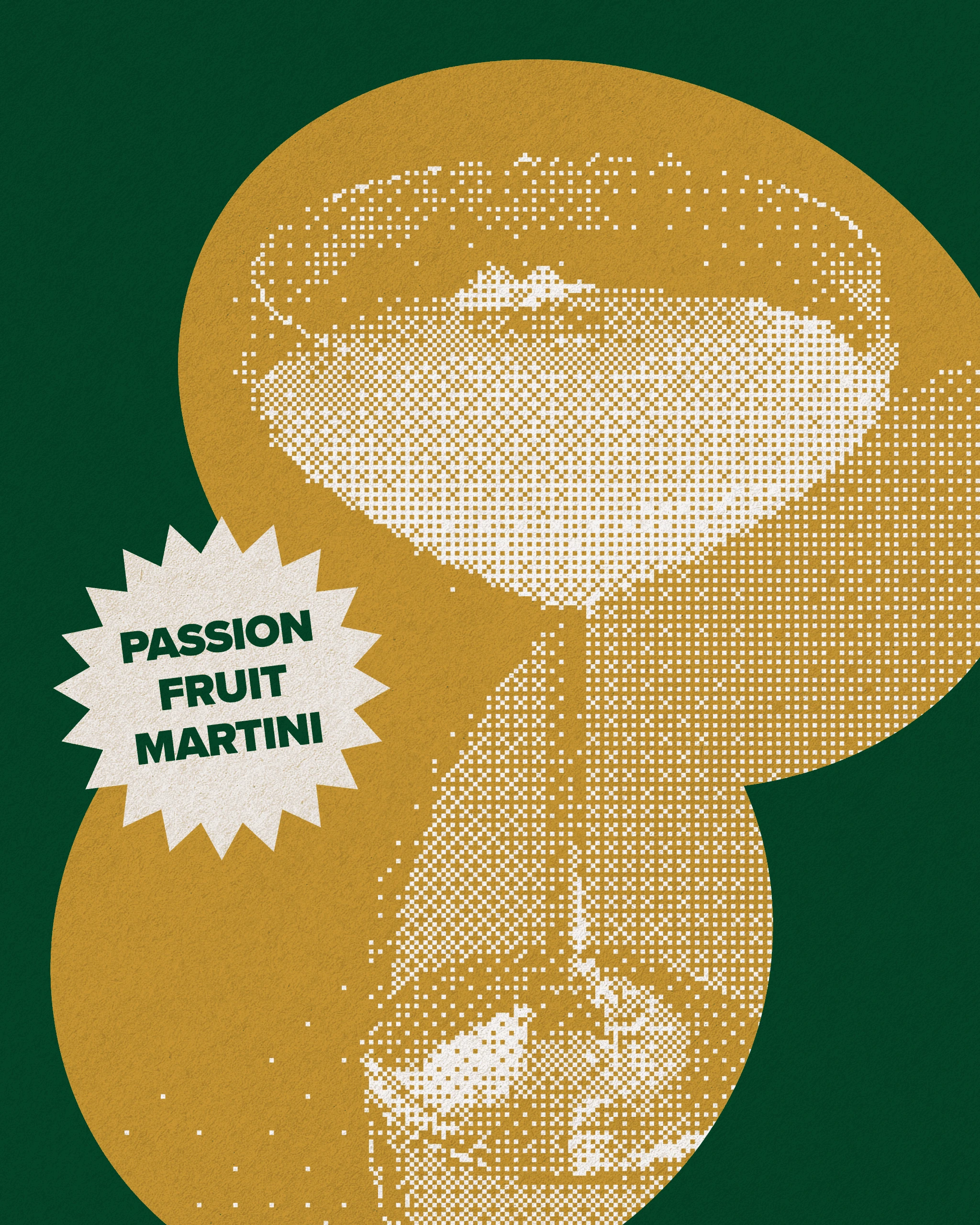 Lena's bar promotional graphic featuring 'Passion Fruit Martini' text with martini glass imagery on a deep green background
