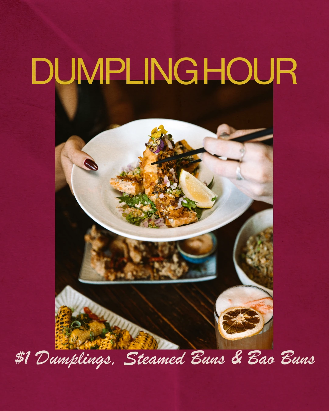 Promotional poster for Lena's restaurant showing 'Dumpling Hour' with food photography of dumplings on a deep maroon background