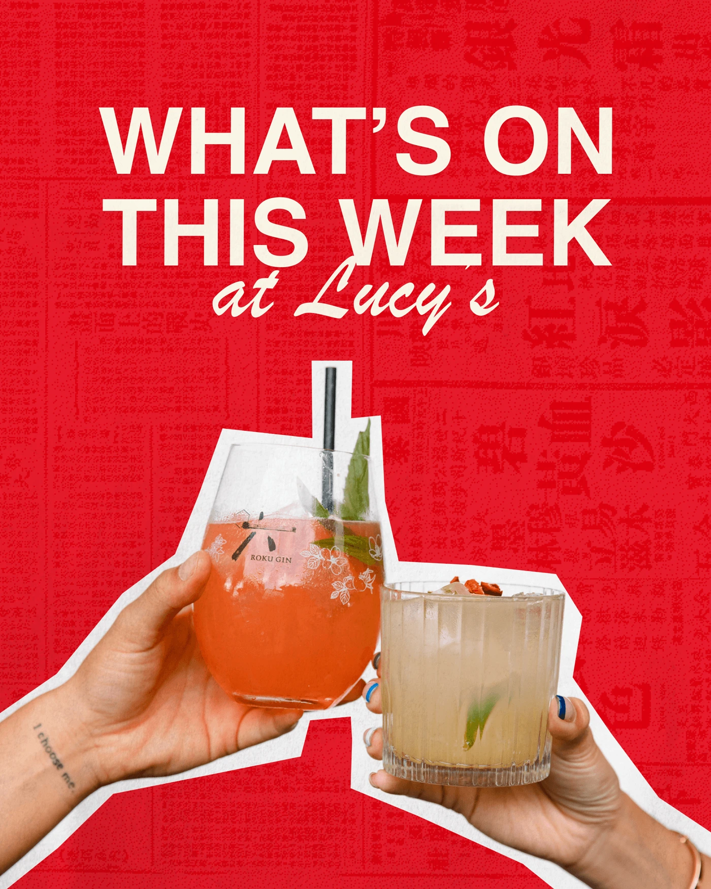 Lucy Lou social media graphic reading 'What's On This Week at Lucy's' on a bold red background with illustrated drink imagery