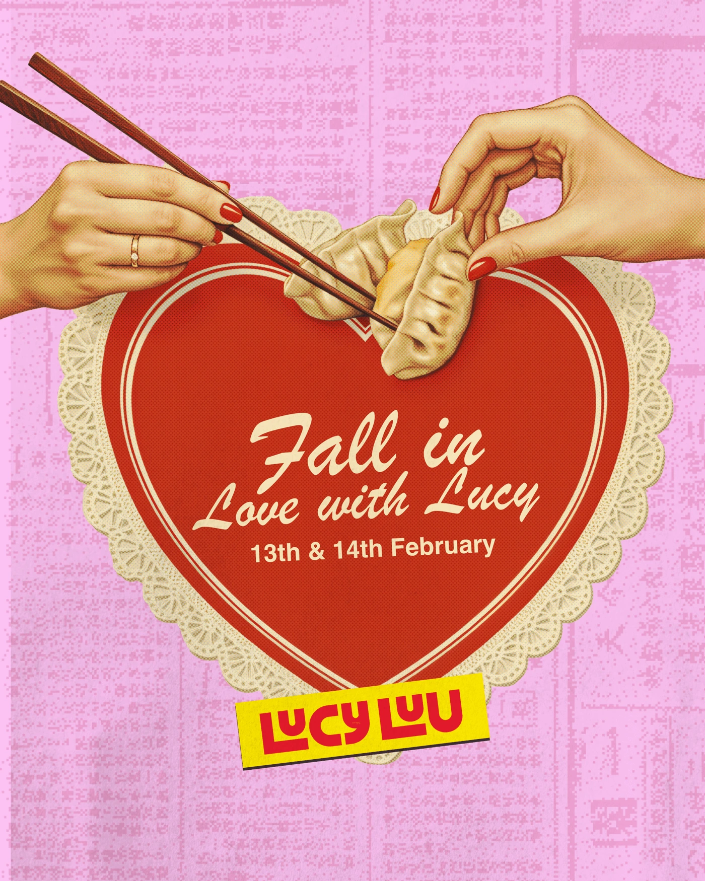 Lucy Lou Valentine's promotional graphic reading 'Fall in Love with Lucy' in cursive script on a pink background with hearts