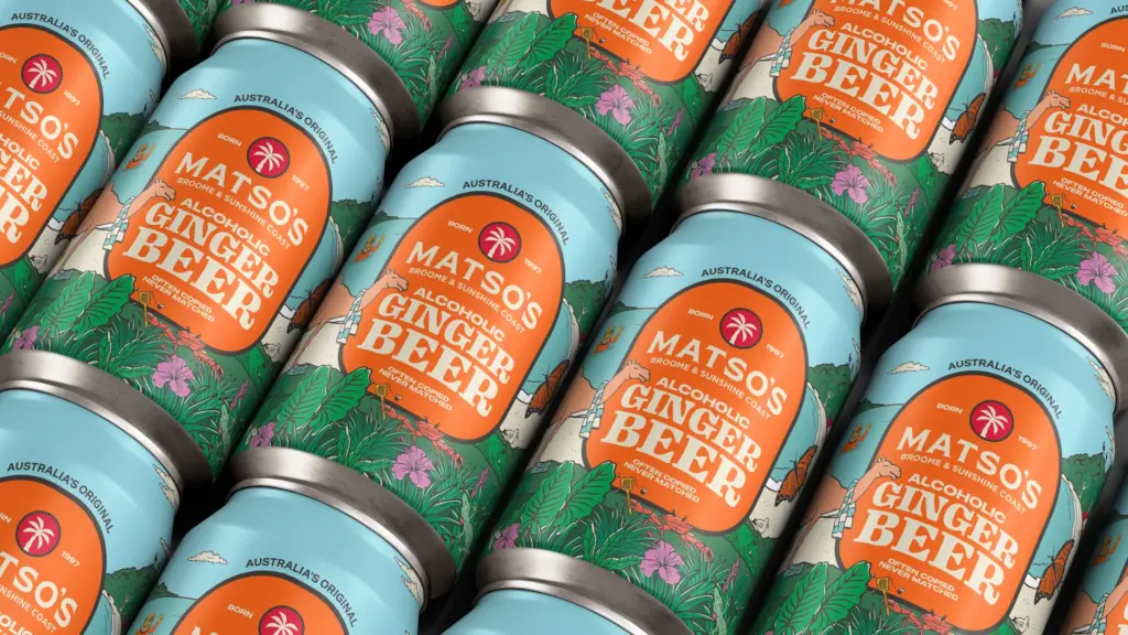 Multiple Matso's Ginger Beer teal cans arranged in a row landscape banner format