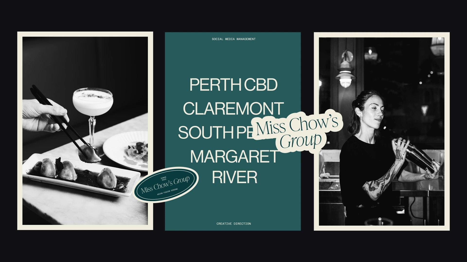 Miss Chow's Group homepage banner listing restaurant locations — Perth CBD, Claremont, South Perth and Margaret River — alongside food and brand imagery