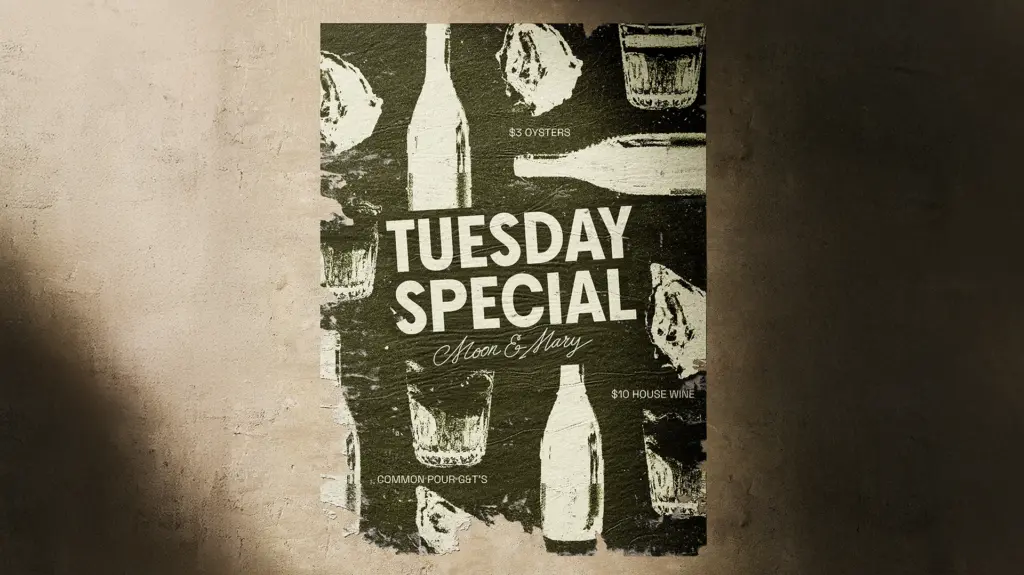 Vintage-style Tuesday Special promotional poster for Moon & Mary on a warm beige textured background