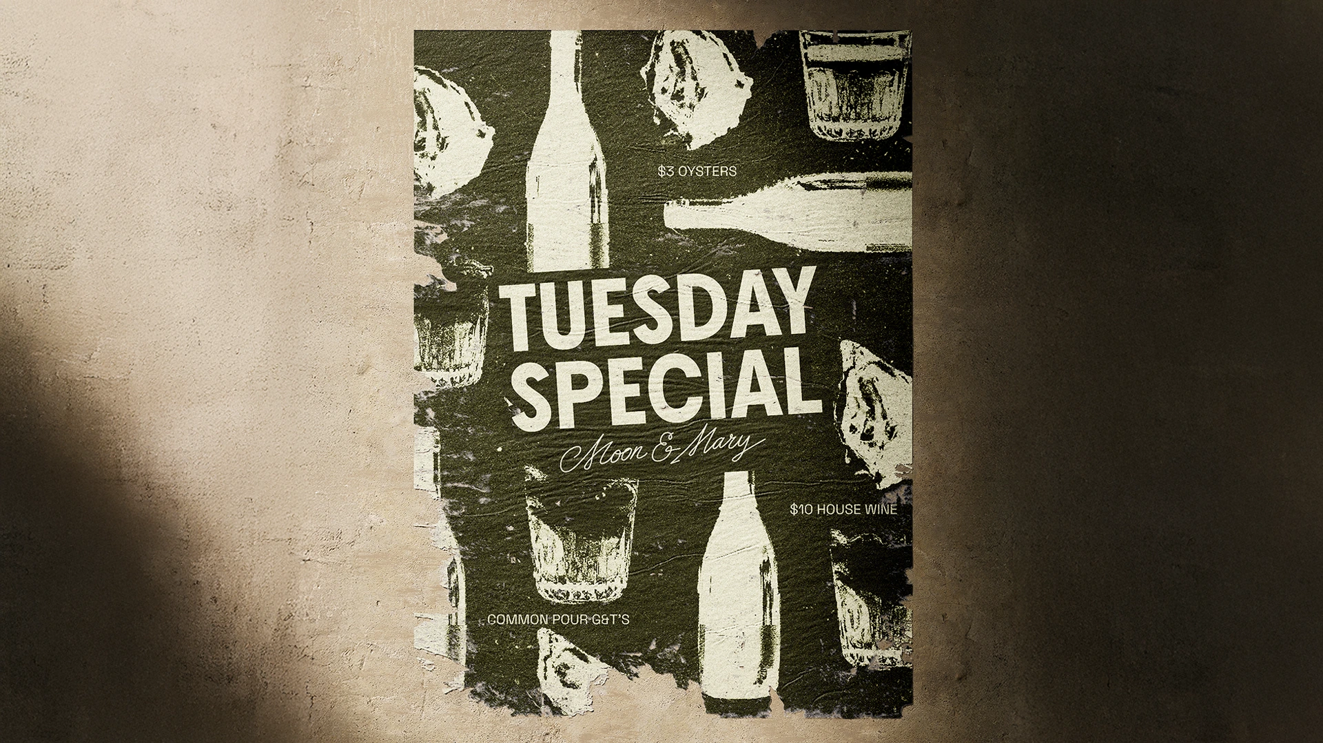 Vintage-style Tuesday Special promotional poster for Moon & Mary on a warm beige textured background