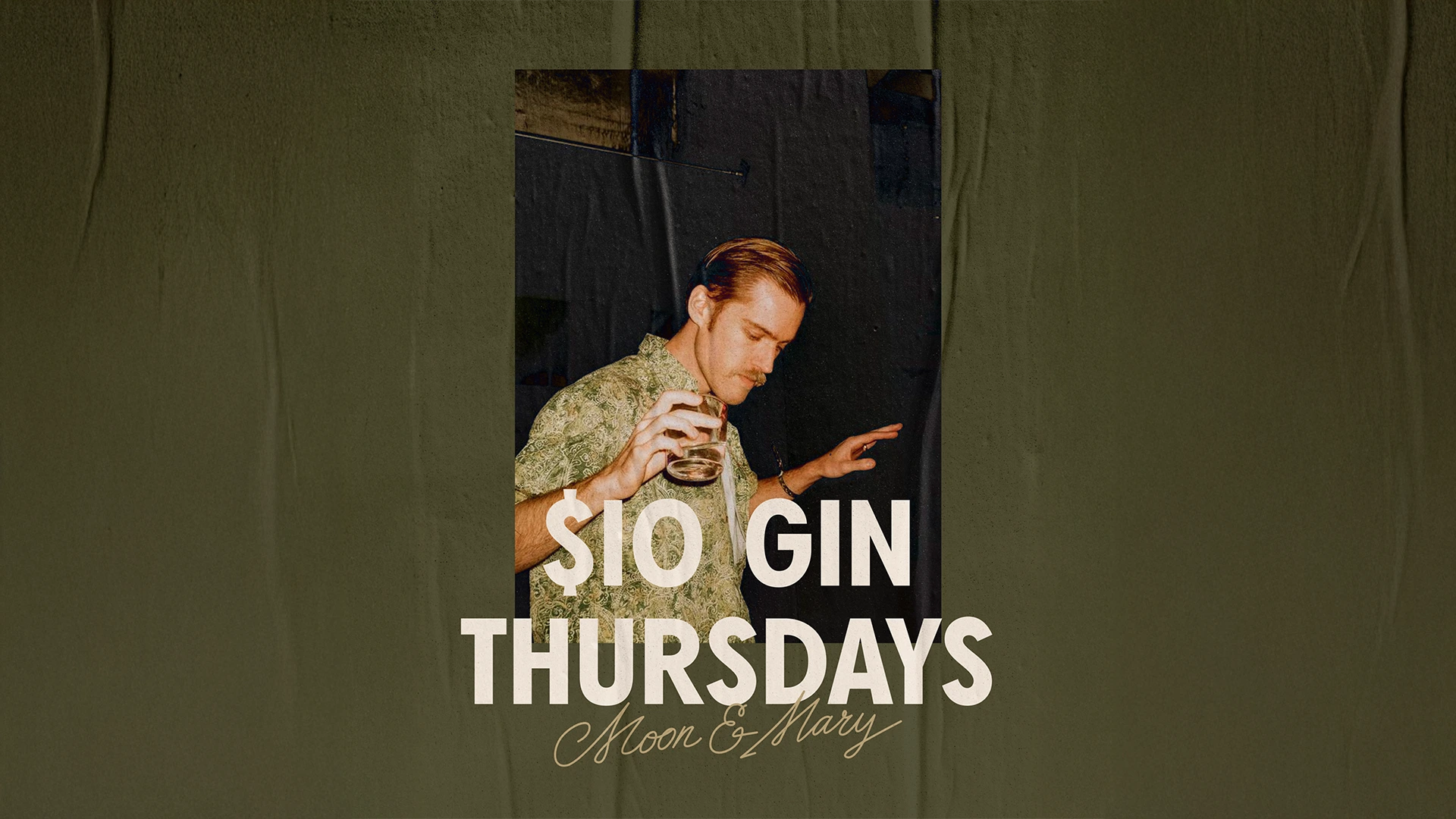 Dark moody promotional graphic for Moon & Mary bar advertising '$10 Gin Thursdays' with atmospheric photography