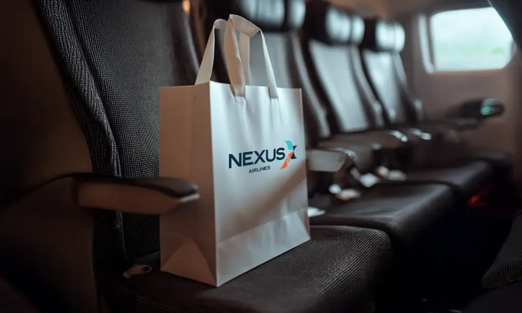 Dark aircraft cabin interior with leather seats and a Nexus Airlines branded tote bag on a seat — Nexus Airlines spinner graphic