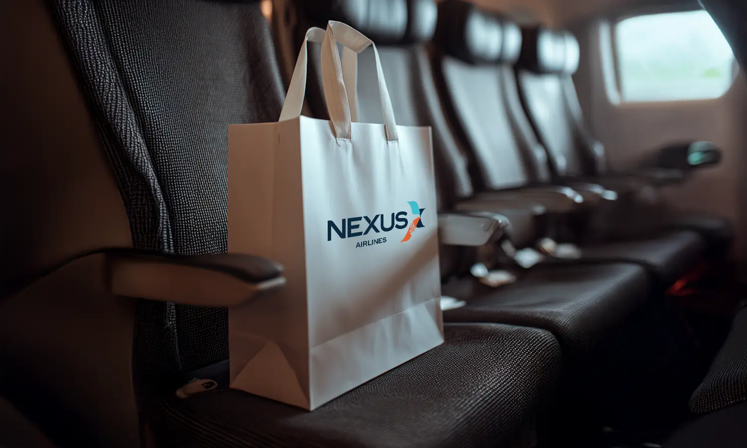 Dark aircraft cabin interior with leather seats and a Nexus Airlines branded tote bag on a seat — Nexus Airlines spinner graphic