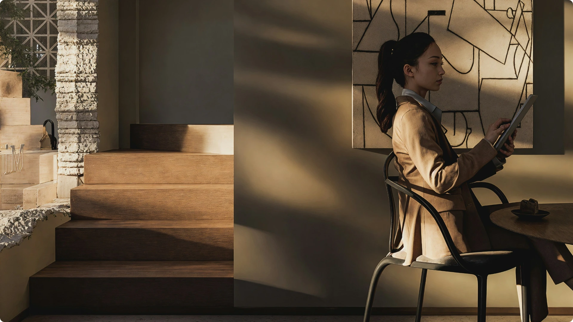 Person in a long coat on wooden stairs in a contemporary interior — architectural lifestyle