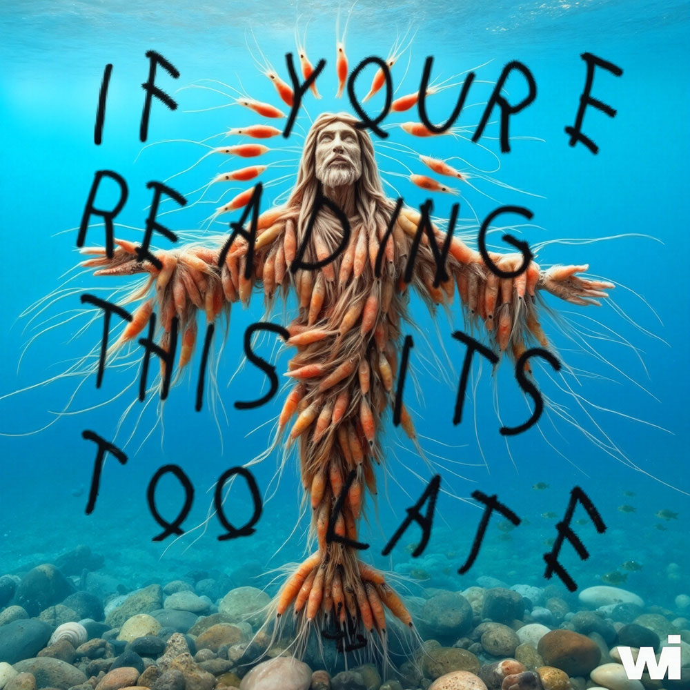 Viral AI art meme 'Shrimp Jesus' showing a shrimp-human figure with a halo and the text 'If You're Reading This It's Too Late' — editorial blog graphic