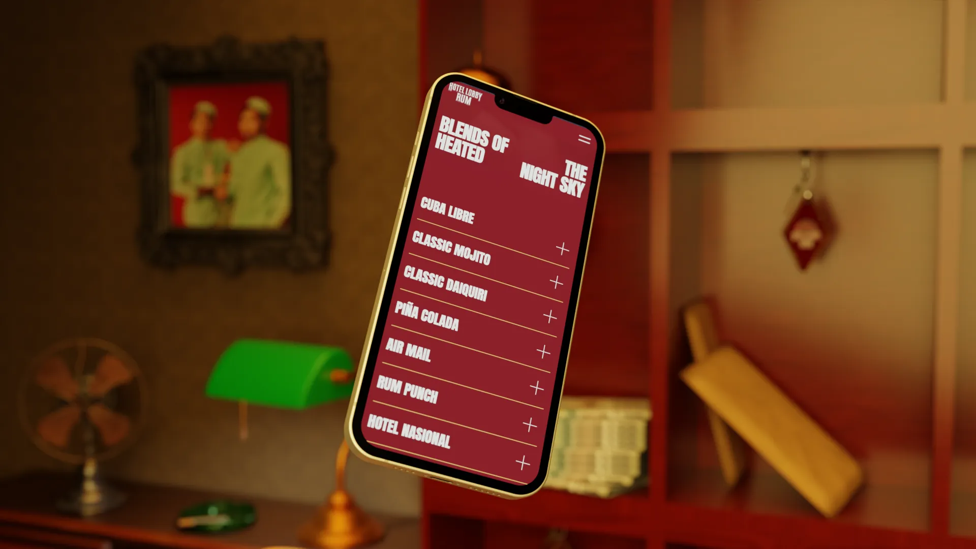 Smartphone in a red-walled ornate room showing the Hotel Lobby Rum mobile website