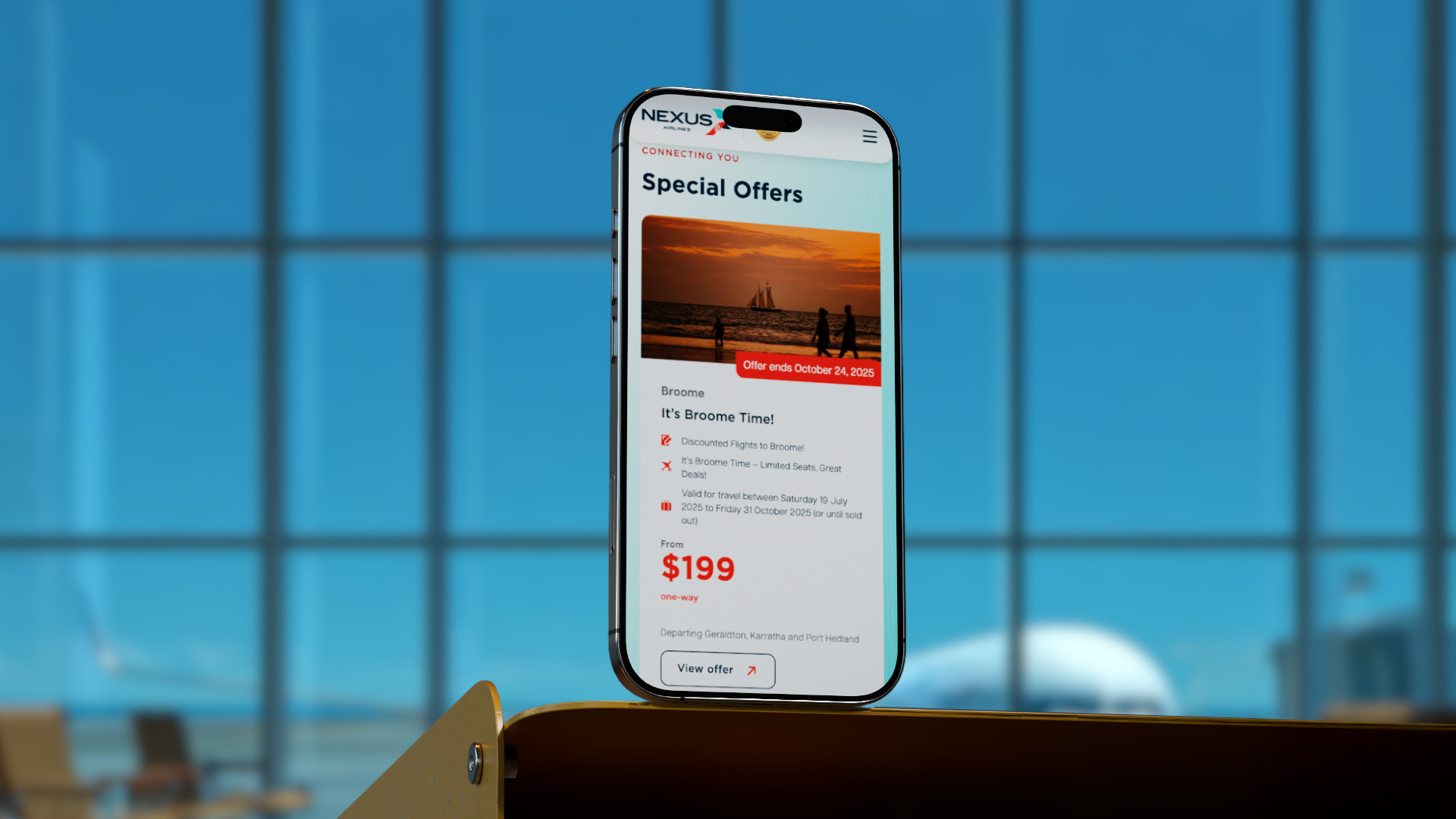 Nexus Airlines spinner graphic showing a smartphone with the airline's app interface in an airport terminal setting