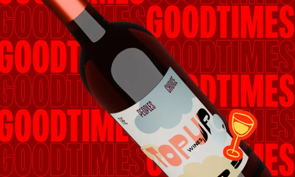 Top Up Wines 'Good Times' campaign graphic with bold 'GOODTIMES' text repeated across a vivid red background with a wine bottle
