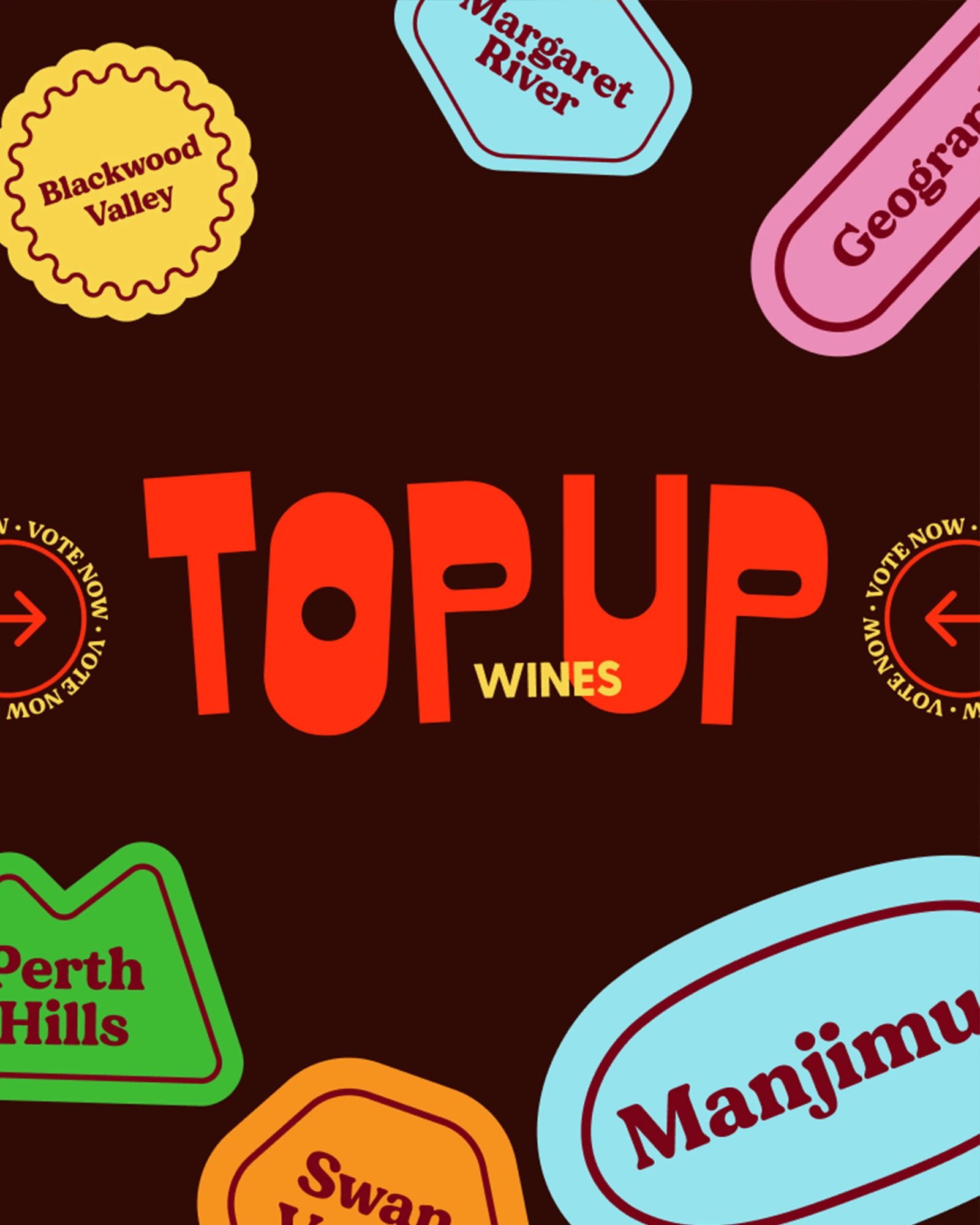 Top Up Wines sticker label design on dark red background showing the TOP UP WINES logo with Manjimup wine region text and illustrated stickers