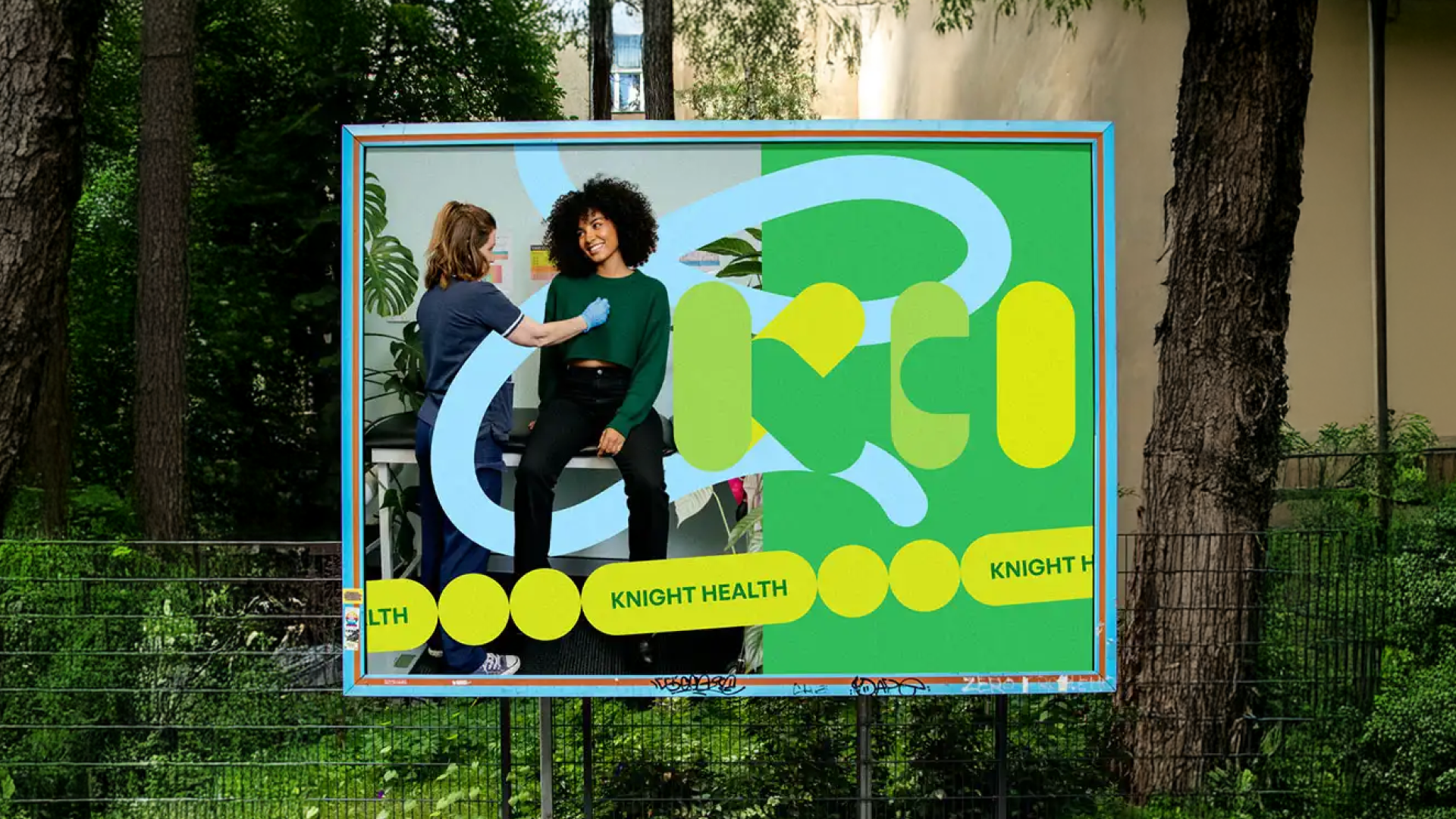 Woman in green outdoors near trees with colourful brand billboard elements overlaid