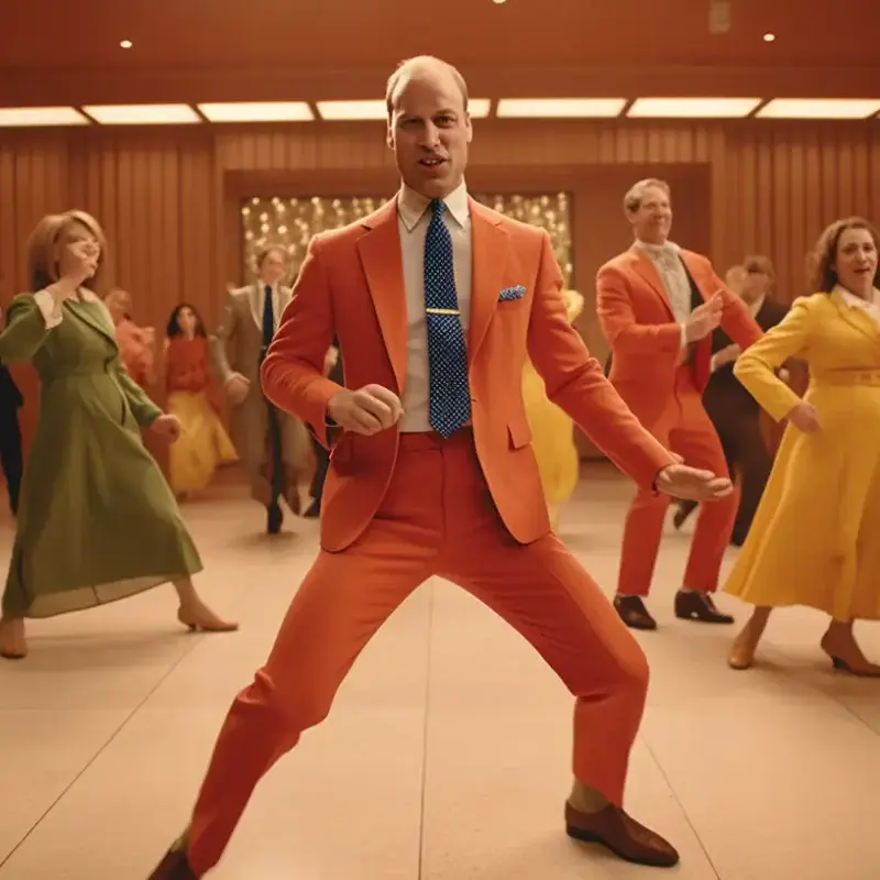 AI-generated 1960s-style party scene showing figures dancing in colourful red and orange outfits in a mid-century modern setting