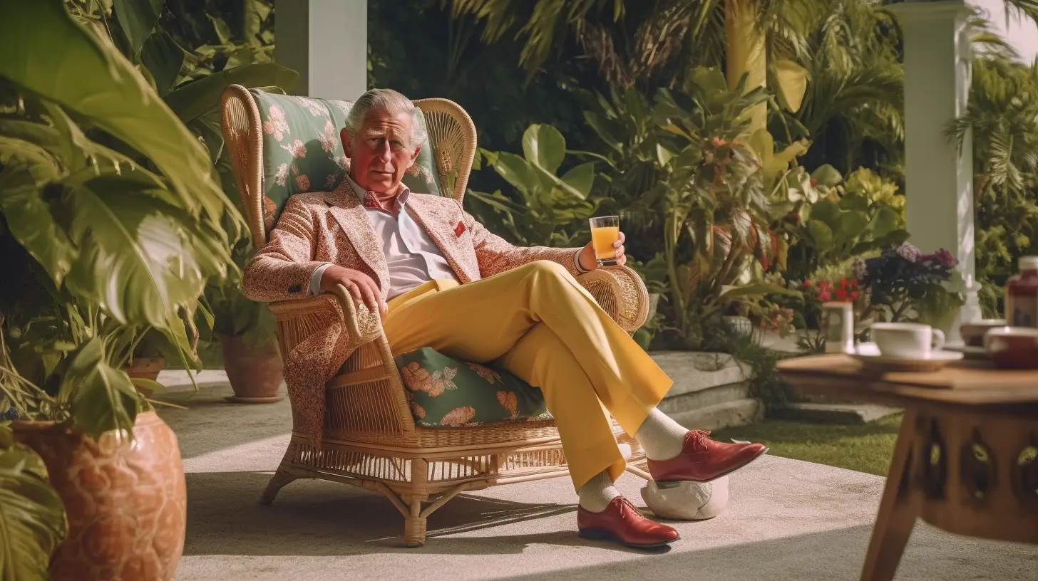 AI-generated image of an older man in beige casual clothing seated in a mid-century armchair with plants — coronation party series