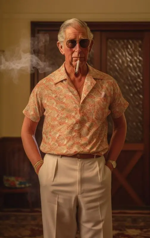 AI-generated image of an older man in a beige casual outfit standing in a warmly lit mid-century interior
