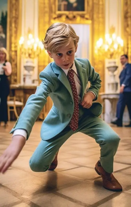 AI-generated image of a person in a light blue suit in an exuberant dance pose within an ornate warmly lit interior