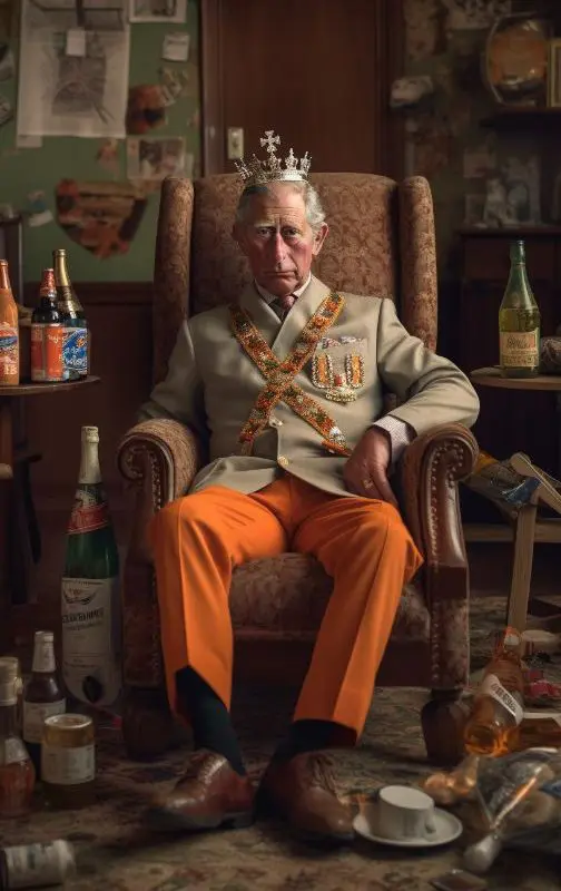 AI-generated image of an older man in a colourful patterned casual shirt seated in a mid-century armchair with indoor plants